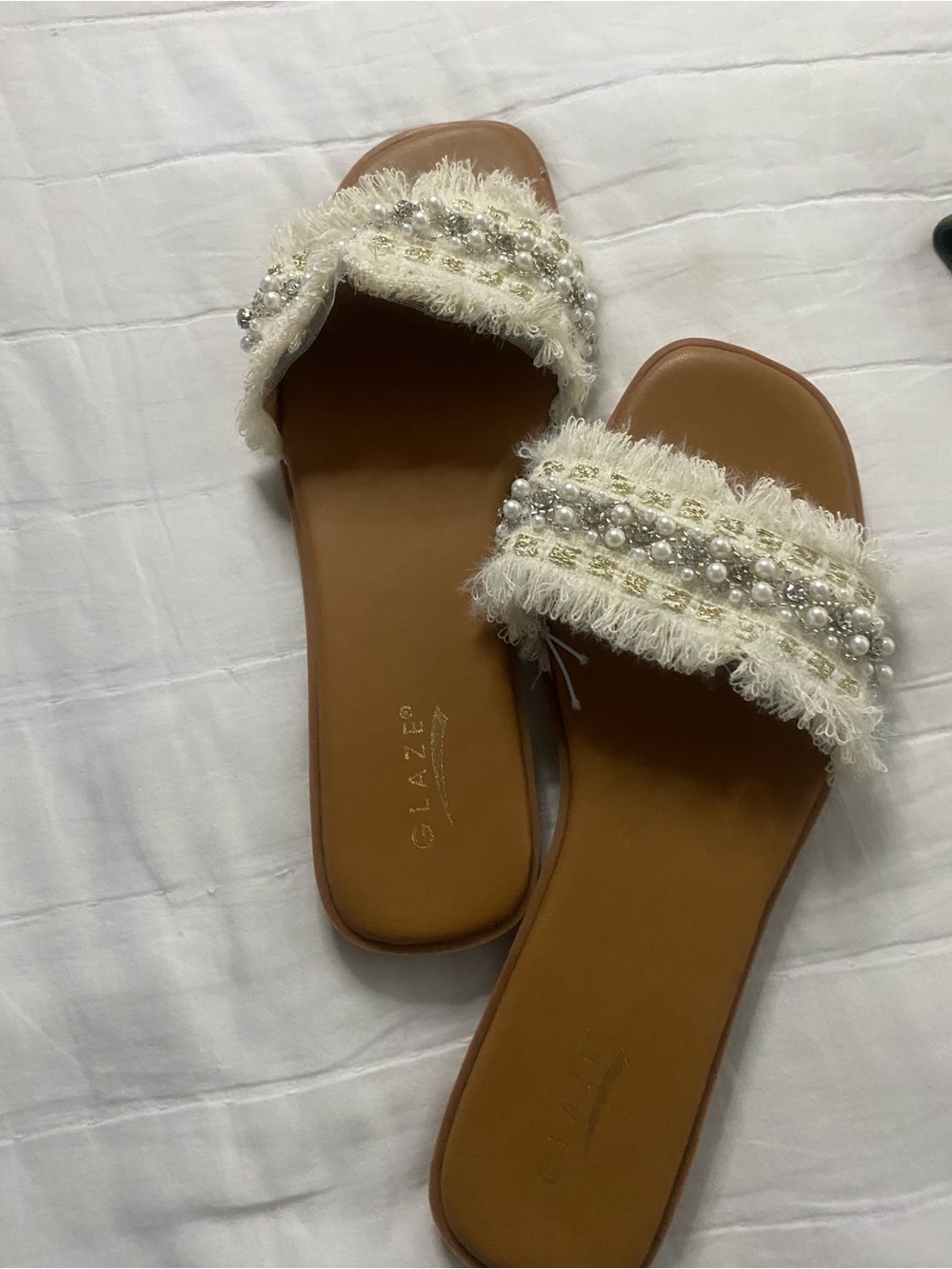 Glaze Cream Frayed Pearl-Embellished Slide Sandals